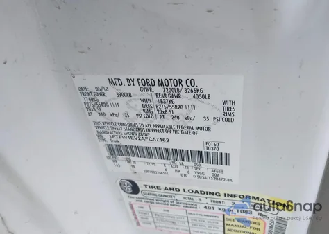 2010 Ford F-150 Fx4/Harley-Davidson/King Ranch/Lariat/Platinum/Xl/Xlt z USA, uszkodzony, nr VIN 1FTFW1EV2AFC57162